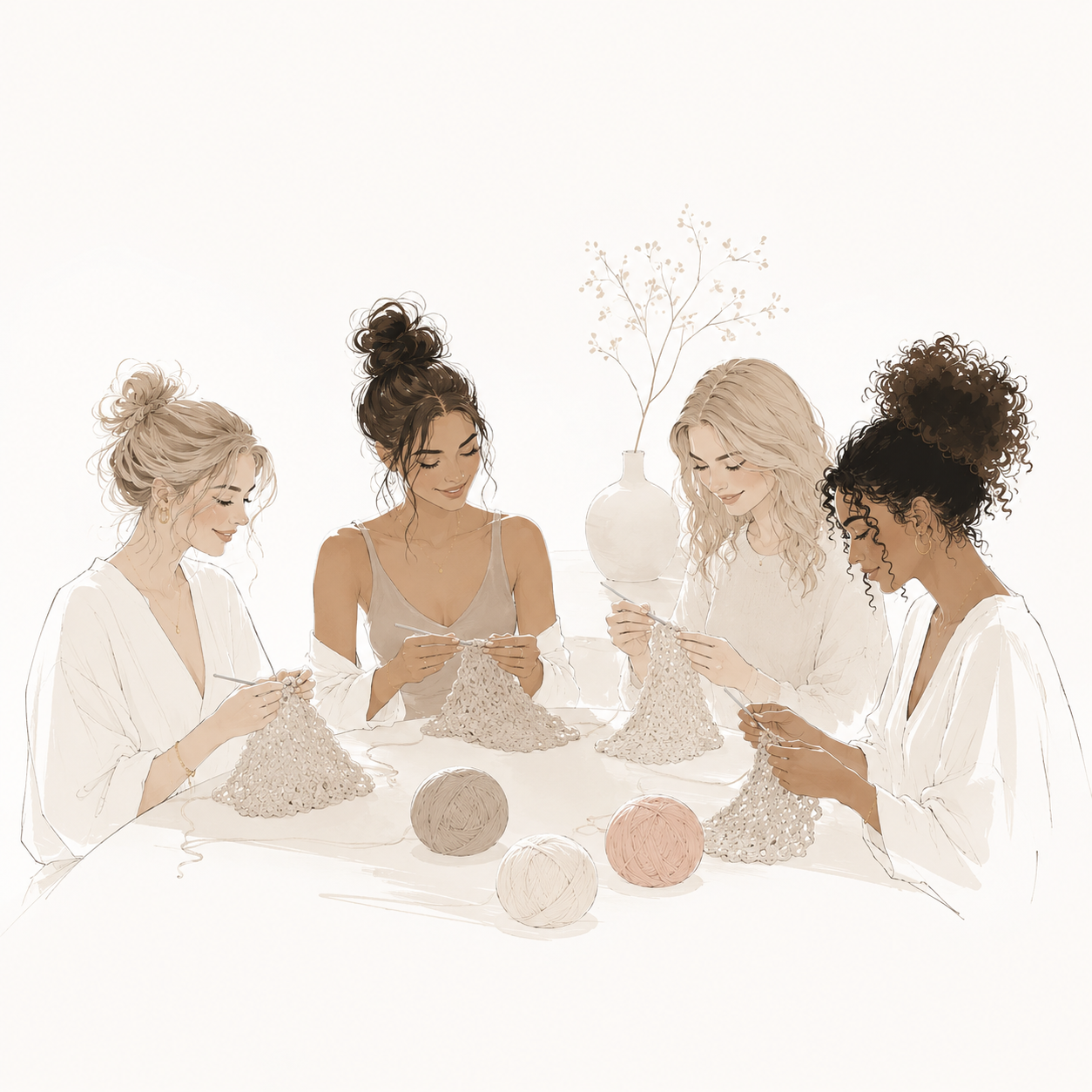Minimalistische Illustration von Frauen, die gemeinsam an einem Tisch häkeln.